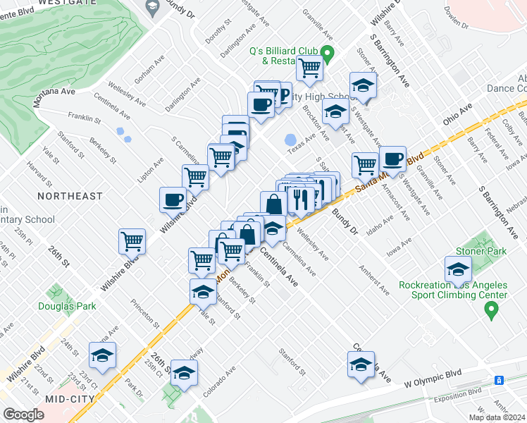 map of restaurants, bars, coffee shops, grocery stores, and more near 12335 Santa Monica Boulevard in Los Angeles