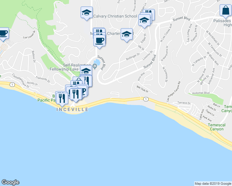 map of restaurants, bars, coffee shops, grocery stores, and more near 17200 Pacific Coast Highway in Los Angeles