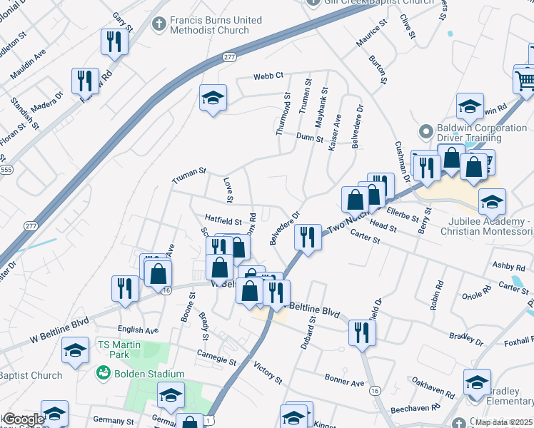 map of restaurants, bars, coffee shops, grocery stores, and more near 3122 Bronx Road in Columbia