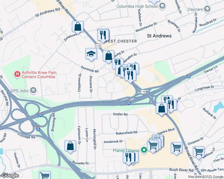 map of restaurants, bars, coffee shops, grocery stores, and more near 808 Old Manor Road in Columbia