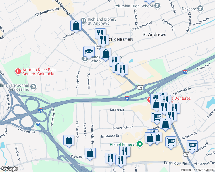 map of restaurants, bars, coffee shops, grocery stores, and more near 808 Old Manor Road in Columbia