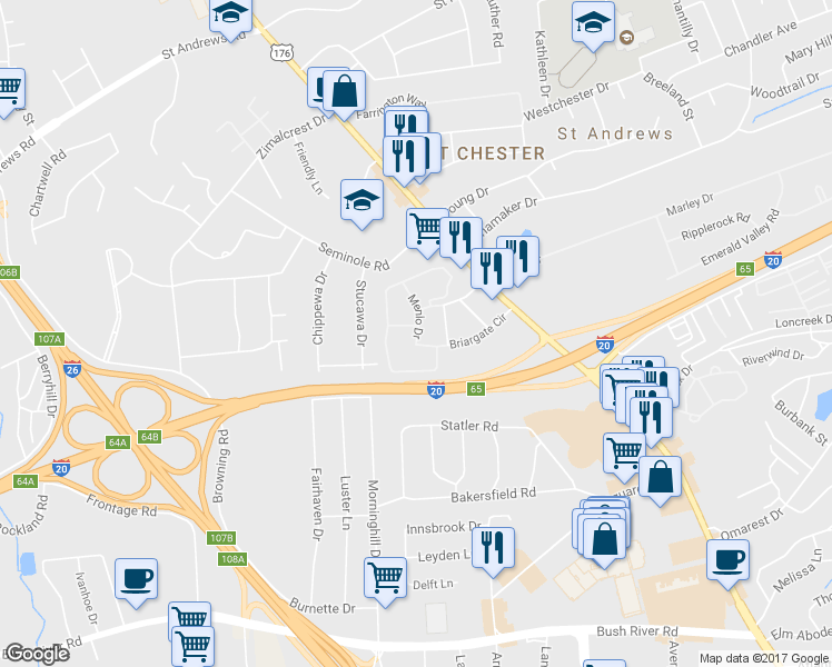 map of restaurants, bars, coffee shops, grocery stores, and more near 511 Menlo Drive in Columbia