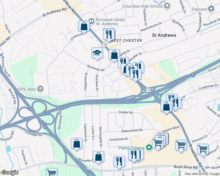 map of restaurants, bars, coffee shops, grocery stores, and more near in Columbia