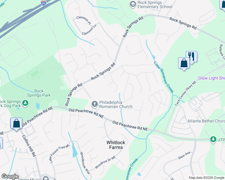 map of restaurants, bars, coffee shops, grocery stores, and more near 2761 Springrock Way in Lawrenceville