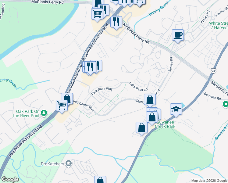map of restaurants, bars, coffee shops, grocery stores, and more near 1236 Park Pass Row in Suwanee