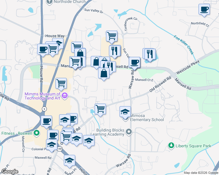 map of restaurants, bars, coffee shops, grocery stores, and more near 1218 Lowe Lane in Roswell