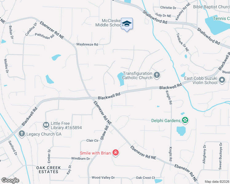 map of restaurants, bars, coffee shops, grocery stores, and more near 1535 Blackwell Road in Marietta