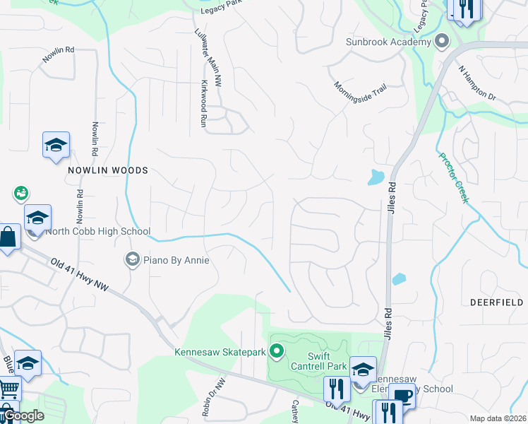 map of restaurants, bars, coffee shops, grocery stores, and more near 3074 Elmendorf Lane Northwest in Kennesaw