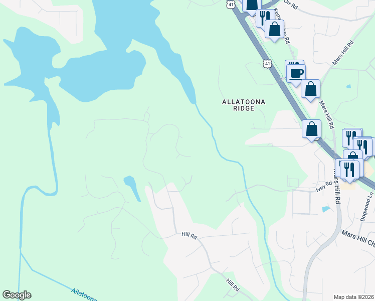 map of restaurants, bars, coffee shops, grocery stores, and more near 5312 Saville Drive Northwest in Acworth
