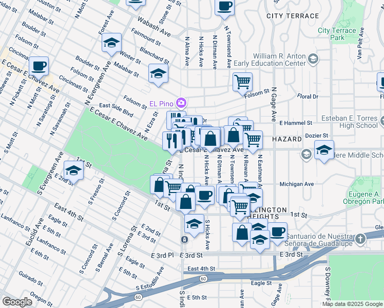 map of restaurants, bars, coffee shops, grocery stores, and more near 3424 East Cesar E Chavez Avenue in Los Angeles