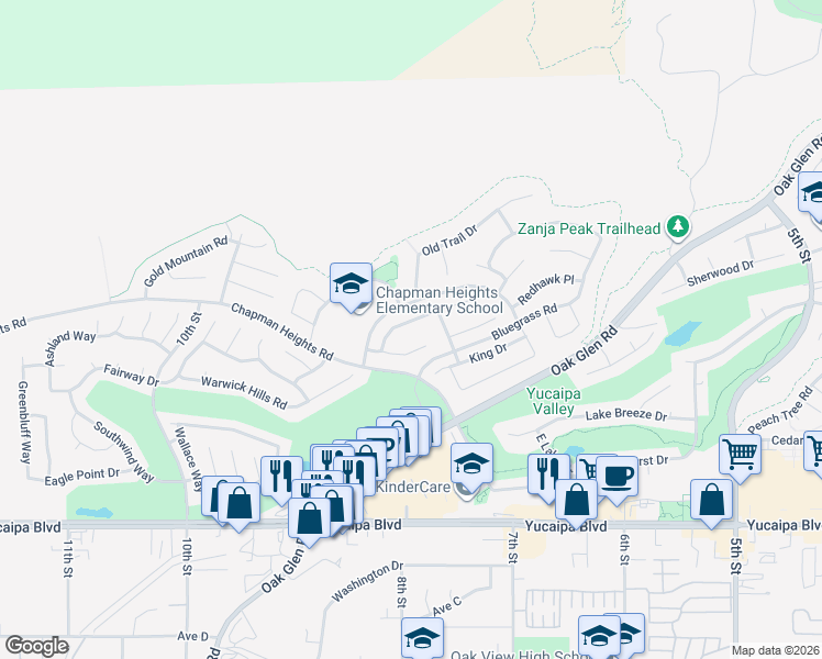 map of restaurants, bars, coffee shops, grocery stores, and more near 33714 Wildhorse Way in Yucaipa