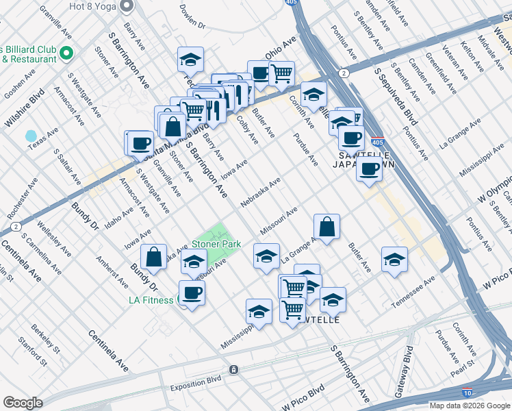 map of restaurants, bars, coffee shops, grocery stores, and more near 1824 South Barrington Avenue in Los Angeles