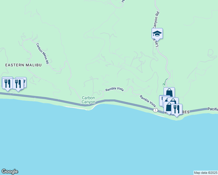 map of restaurants, bars, coffee shops, grocery stores, and more near 21609 Rambla Vista in Malibu