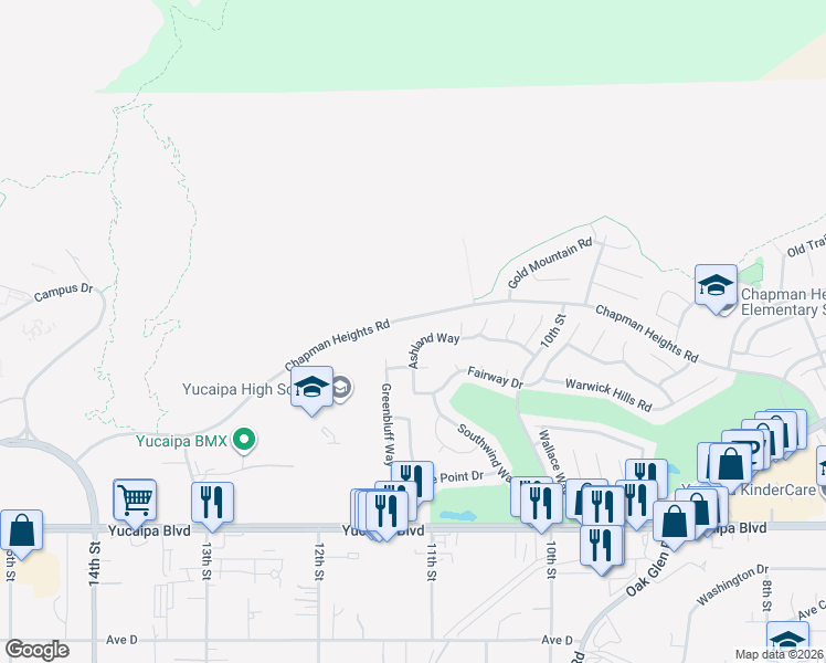 map of restaurants, bars, coffee shops, grocery stores, and more near 33086 Bradcliff Drive in Yucaipa