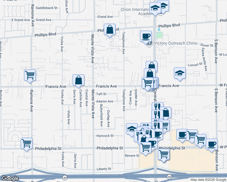 map of restaurants, bars, coffee shops, grocery stores, and more near 5001 Taft Street in Chino
