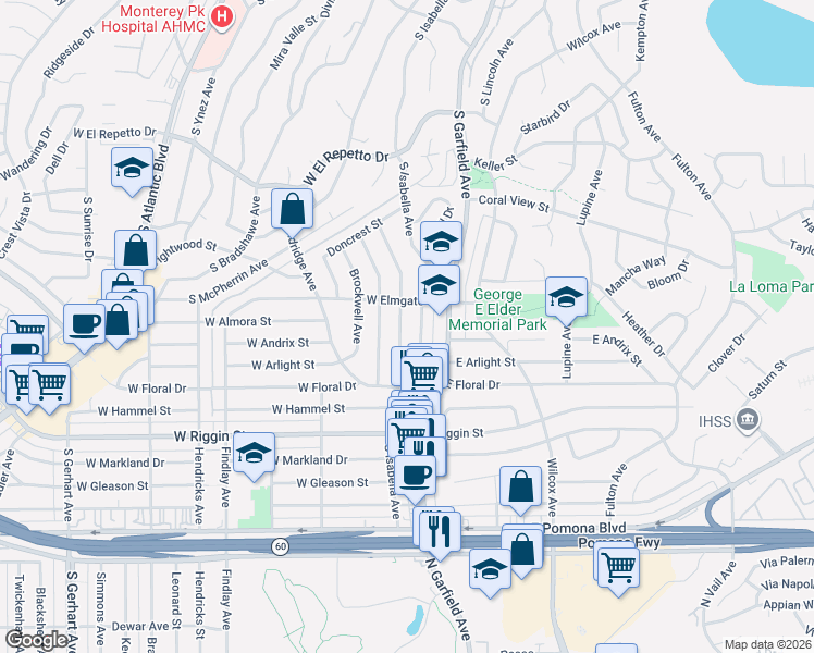 map of restaurants, bars, coffee shops, grocery stores, and more near 2032 Fernbank Avenue in Monterey Park