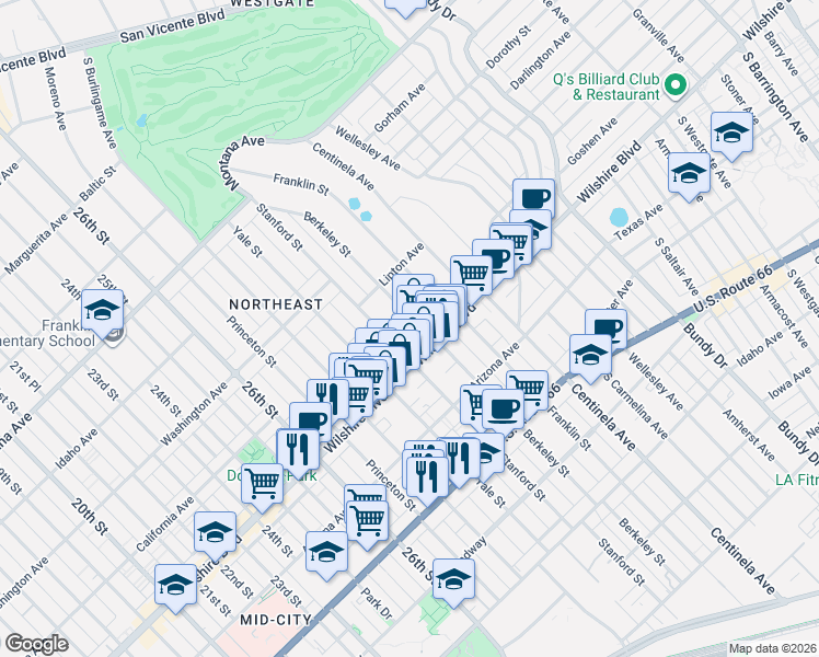 map of restaurants, bars, coffee shops, grocery stores, and more near 1146 Stanford Street in Santa Monica