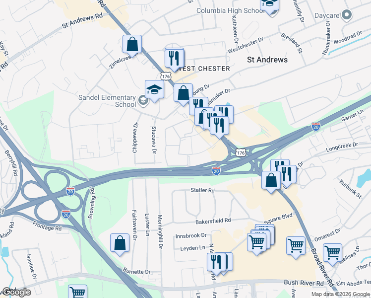 map of restaurants, bars, coffee shops, grocery stores, and more near 808 Old Manor Road in Columbia