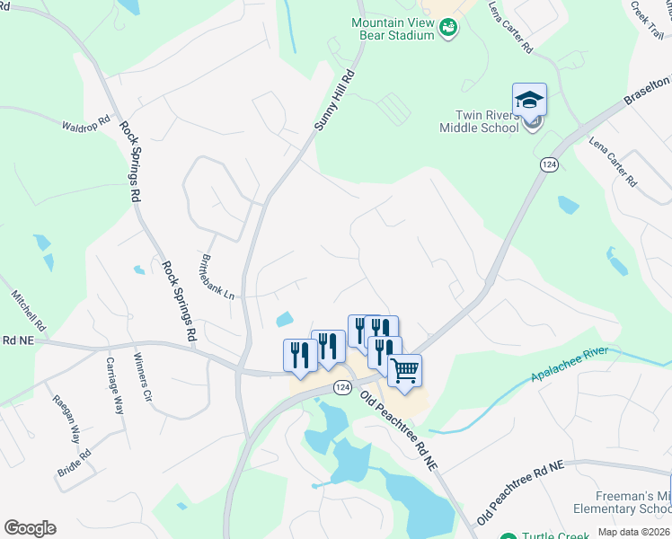 map of restaurants, bars, coffee shops, grocery stores, and more near 1974 Firelight Lane in Buford