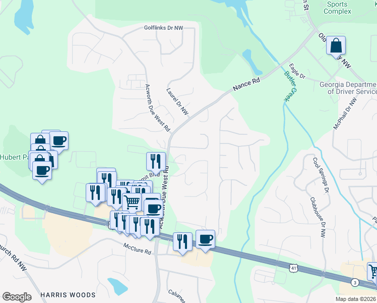 map of restaurants, bars, coffee shops, grocery stores, and more near 3522 Acworth Due West Road in Acworth
