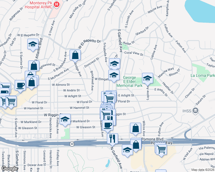 map of restaurants, bars, coffee shops, grocery stores, and more near 2032 Fernbank Avenue in Monterey Park