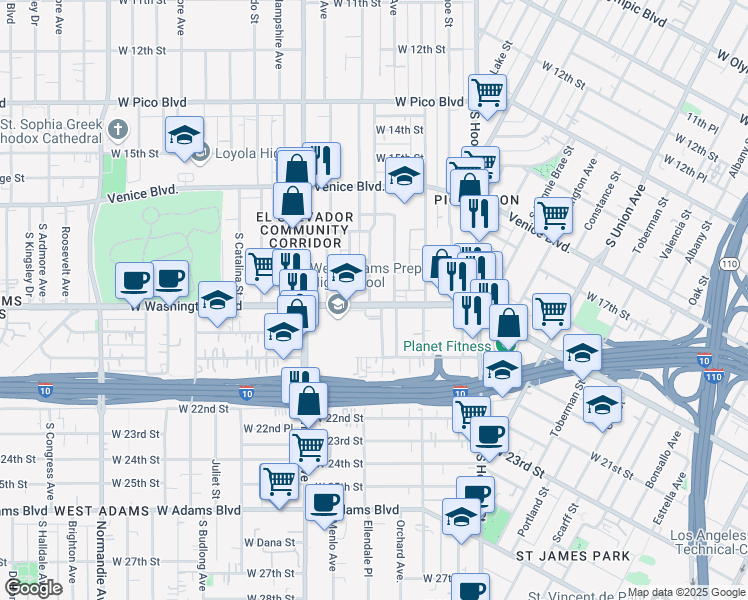 map of restaurants, bars, coffee shops, grocery stores, and more near 1479 West Washington Boulevard in Los Angeles