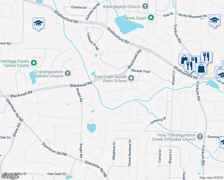 map of restaurants, bars, coffee shops, grocery stores, and more near 3625 Stonehenge Way Northeast in Marietta