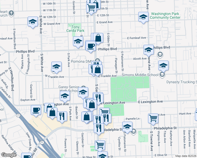 map of restaurants, bars, coffee shops, grocery stores, and more near 1700 South Garey Avenue in Pomona