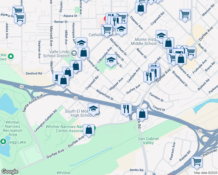 map of restaurants, bars, coffee shops, grocery stores, and more near 1318 Allgeyer Avenue in El Monte