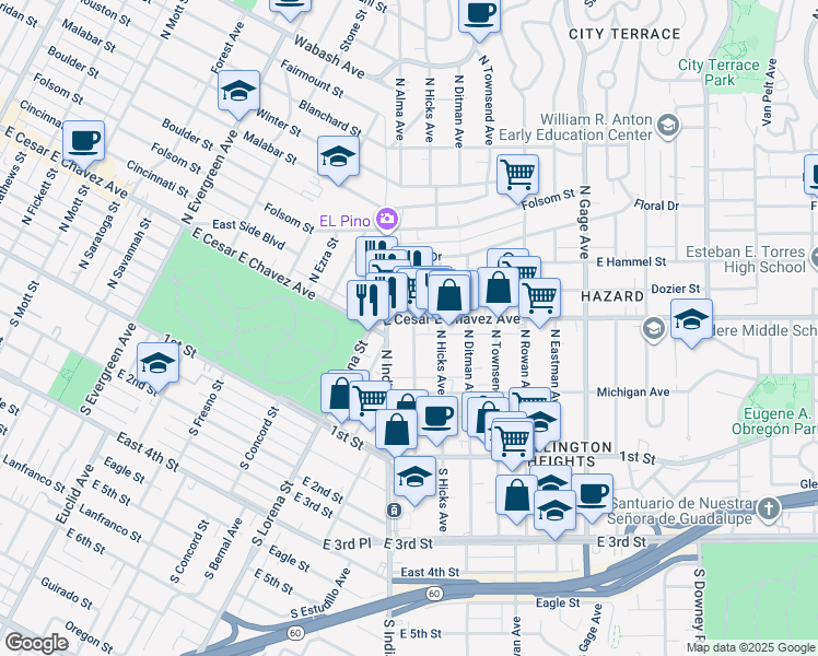 map of restaurants, bars, coffee shops, grocery stores, and more near 3424 East Cesar E Chavez Avenue in Los Angeles