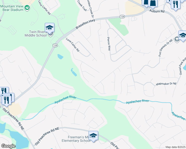 map of restaurants, bars, coffee shops, grocery stores, and more near 2216 Malden Hill Drive in Buford