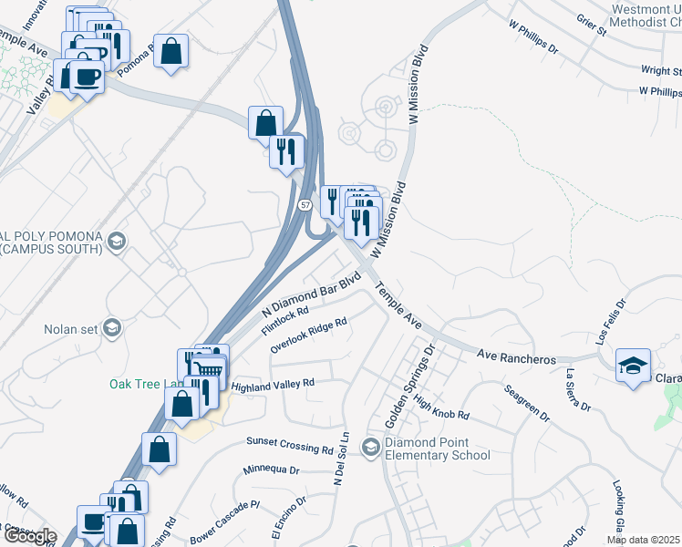 map of restaurants, bars, coffee shops, grocery stores, and more near 1255 North Diamond Bar Boulevard in Diamond Bar
