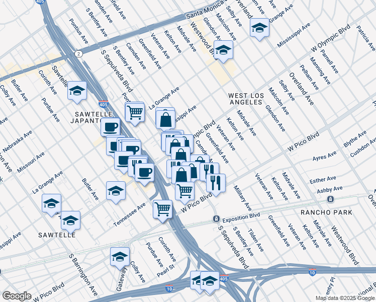 map of restaurants, bars, coffee shops, grocery stores, and more near 2205 South Bentley Avenue in Los Angeles