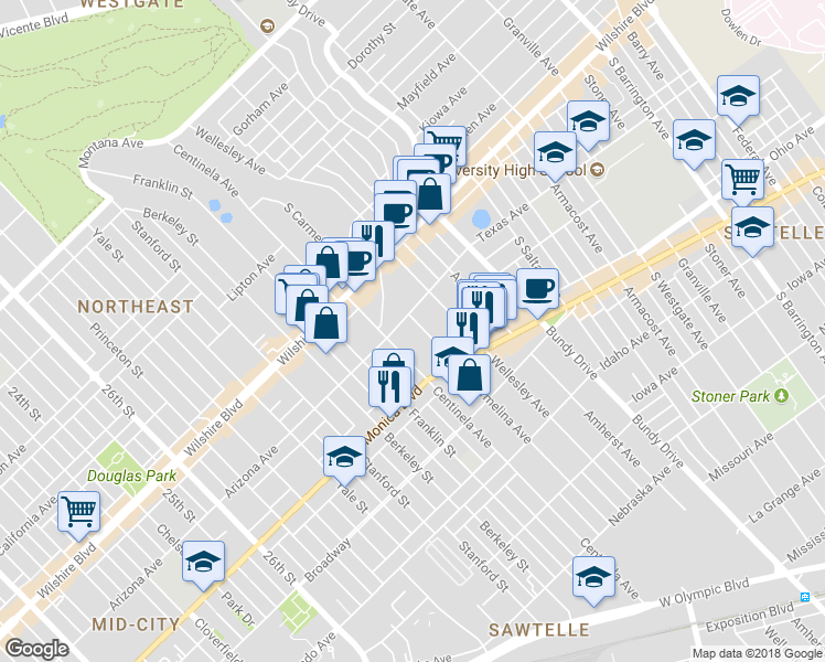map of restaurants, bars, coffee shops, grocery stores, and more near 1315 South Carmelina Avenue in Los Angeles