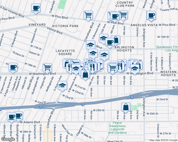 map of restaurants, bars, coffee shops, grocery stores, and more near 4016 West Washington Boulevard in Los Angeles
