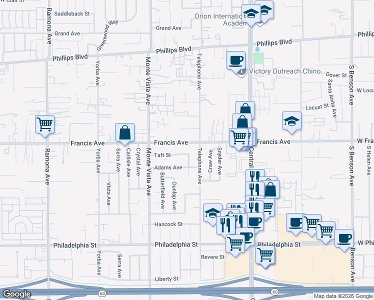 map of restaurants, bars, coffee shops, grocery stores, and more near 11771 Lester Avenue in Chino