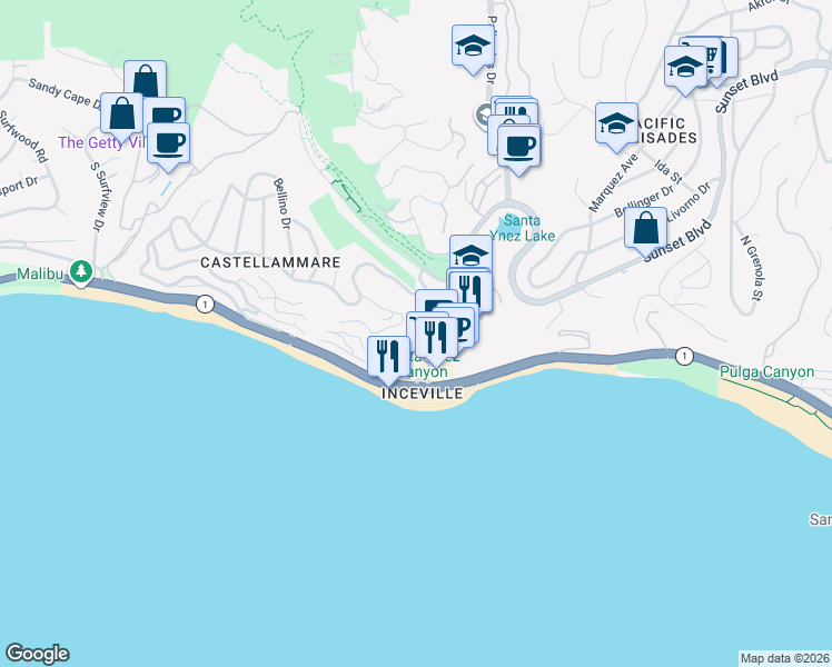 map of restaurants, bars, coffee shops, grocery stores, and more near 17324 Tramonto Drive in Los Angeles