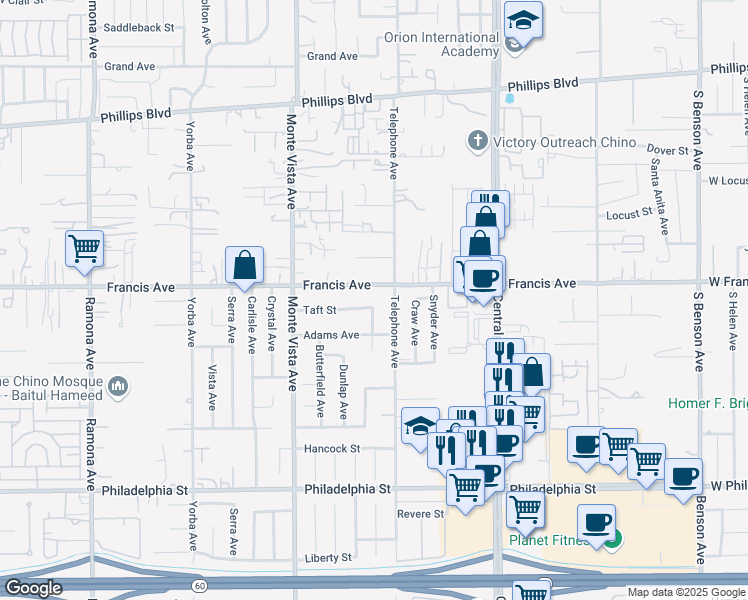 map of restaurants, bars, coffee shops, grocery stores, and more near 5062 Taft Street in Chino