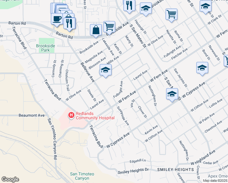 map of restaurants, bars, coffee shops, grocery stores, and more near 1417 Bella Vista Crescent in Redlands
