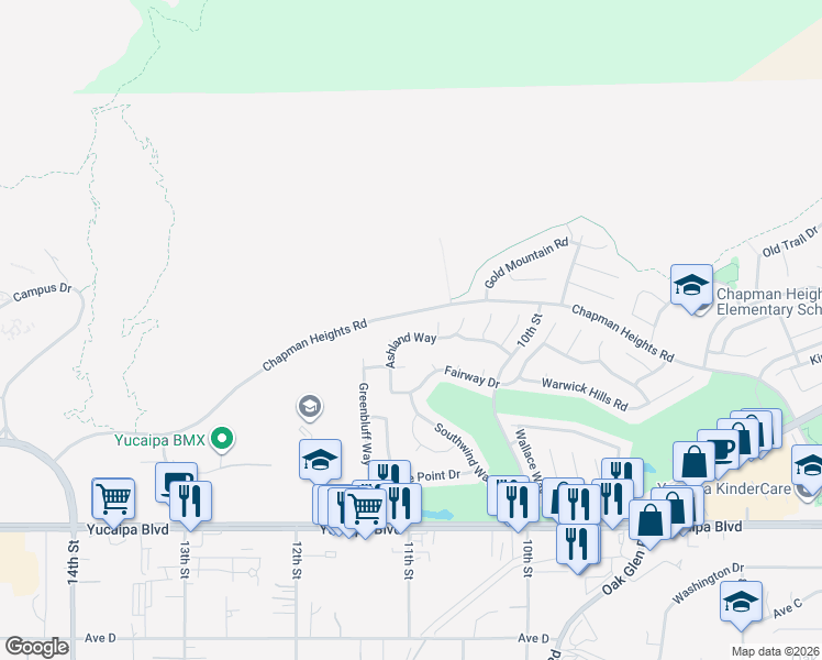 map of restaurants, bars, coffee shops, grocery stores, and more near 11784 Ashland Way in Yucaipa