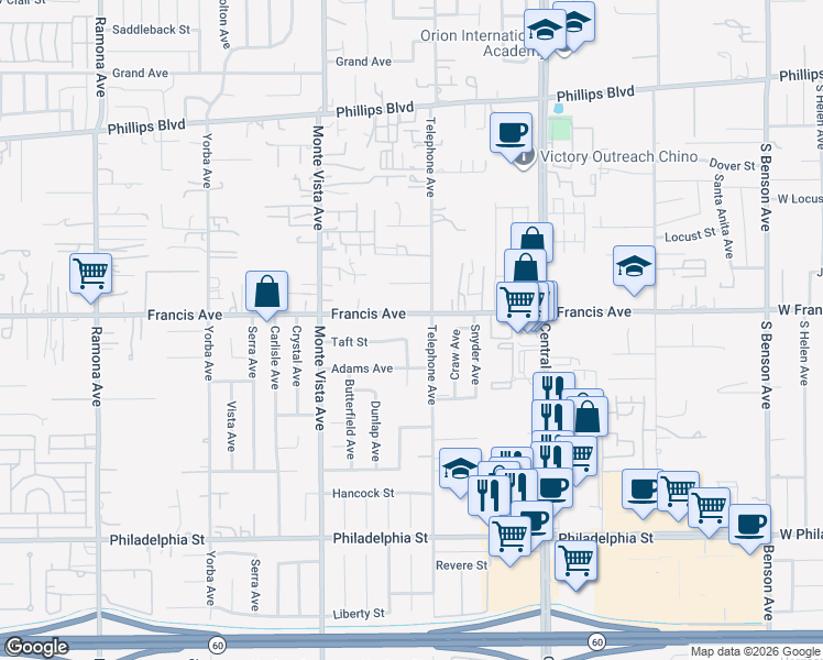map of restaurants, bars, coffee shops, grocery stores, and more near 5062 Taft Street in Chino