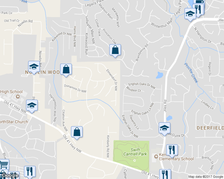 map of restaurants, bars, coffee shops, grocery stores, and more near 3074 Elmendorf Lane Northwest in Kennesaw