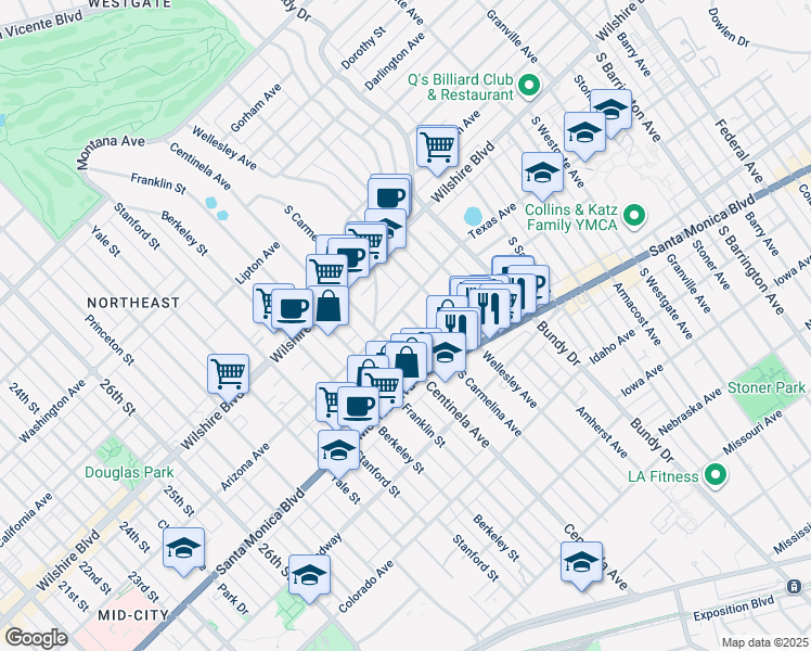 map of restaurants, bars, coffee shops, grocery stores, and more near 1315 South Carmelina Avenue in Los Angeles
