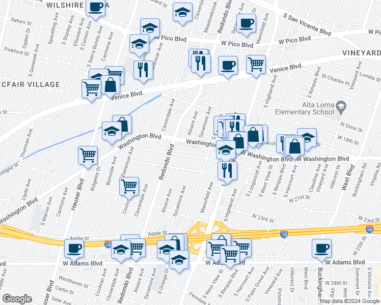 map of restaurants, bars, coffee shops, grocery stores, and more near 5107 West 20th Street in Los Angeles
