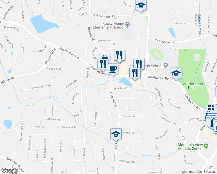 map of restaurants, bars, coffee shops, grocery stores, and more near 2331 Sims Drive Northeast in Marietta