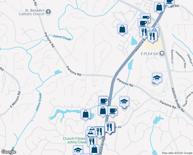 map of restaurants, bars, coffee shops, grocery stores, and more near 220 Poplar View Court in Johns Creek