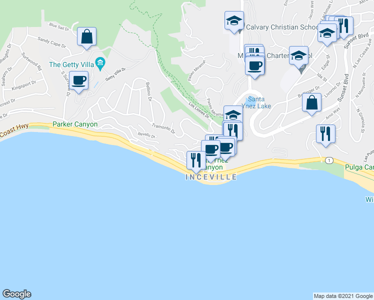 map of restaurants, bars, coffee shops, grocery stores, and more near 17480 Revello Drive in Los Angeles