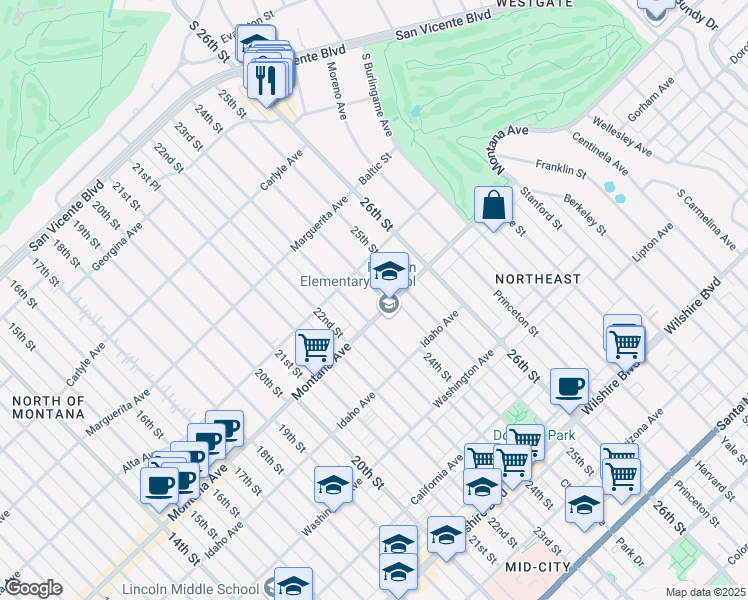 map of restaurants, bars, coffee shops, grocery stores, and more near 740 24th Street in Santa Monica