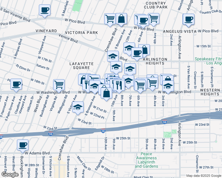 map of restaurants, bars, coffee shops, grocery stores, and more near 1800 12th Avenue in Los Angeles
