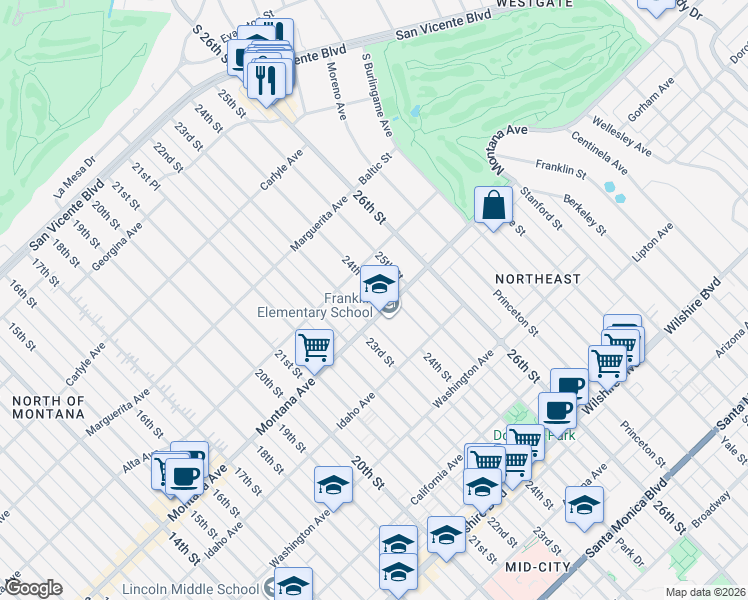 map of restaurants, bars, coffee shops, grocery stores, and more near 740 24th Street in Santa Monica